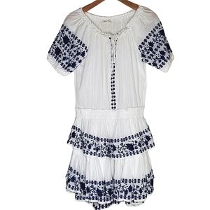 LOVESHACKFANCY White & Blue Patterned Embroidered Accent Mini Dress Size: 2 EUC